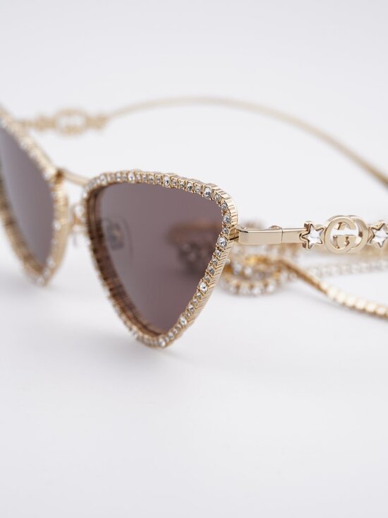 Gucci GG1569S 001 Sunglasses Gold with White Stone Cat Eye Frame, Brown Lenses main image 5